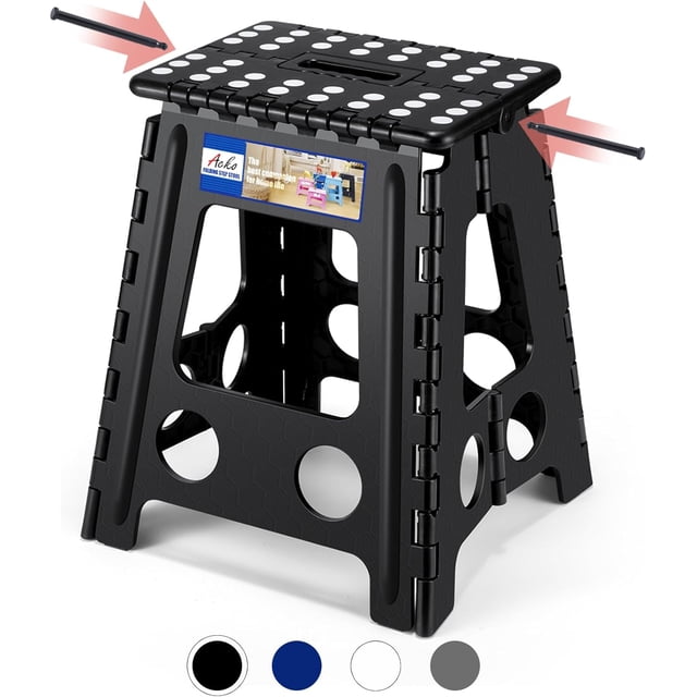 Folding Step Stool Foldable 16 Inch Stool 400 lbs Capacity,Plastic Stools for Adults and Kids,Collapsible Stool for Kitchen, Stepping Stool with Handle,Black,1 PC