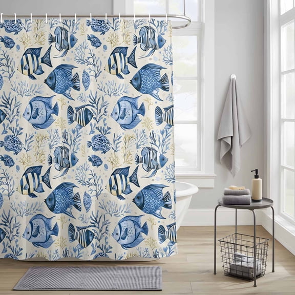 Bathroom Shower Curtain Vintage Tropical Blue Sea Fish Coral Waterproof Shower Curtains with Hooks, Watercolor Ocean Marine Life Bath Curtains Bathtub Curtain Home Decor 36x72in