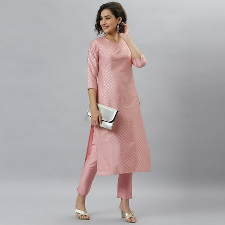 Janasya Indian Round Neck 3/4 Sleeve Floral Print Pink Poly Silk Kurta With Pant For Women