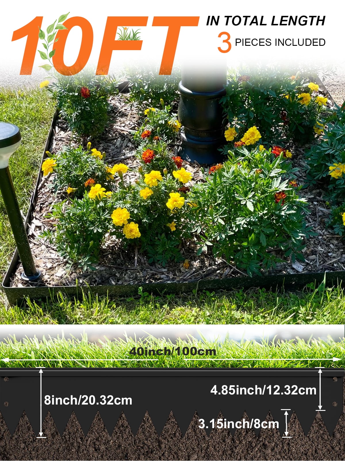 Vinci Landscape Edging Border, 40" L x 8" H 3Pack 10FT Total Black Galvanized Steel Garden Edging with Spikes, Sturdy Elegant Metal Lawn Broder for Flower Beds, Pathways, Paver Edges and Yard
