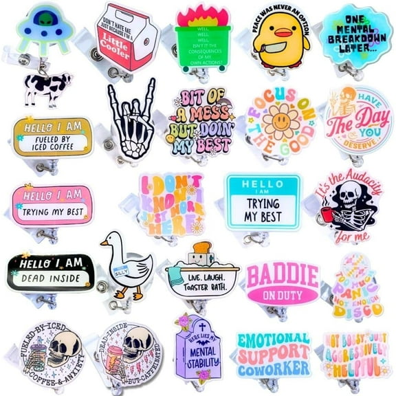 YJ PREMIUMS 24PC Funny Cute Badge Reel Bulk Clip Holder Retractable Fun Cool ID Badges Reels Pack for Nurse Week Nurses Nursing Office Student Work Healthcare Medical Sarcastic Gifts Supplies