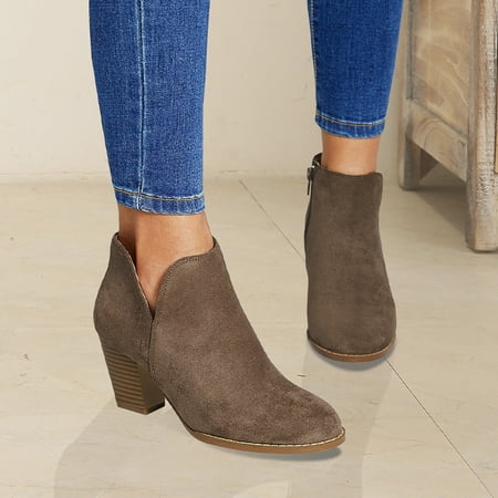 

Women‘s Chunky Heel Ankle Boots Round Toe Zipper Cut On Suede High Heel Booties Women‘s Footwear