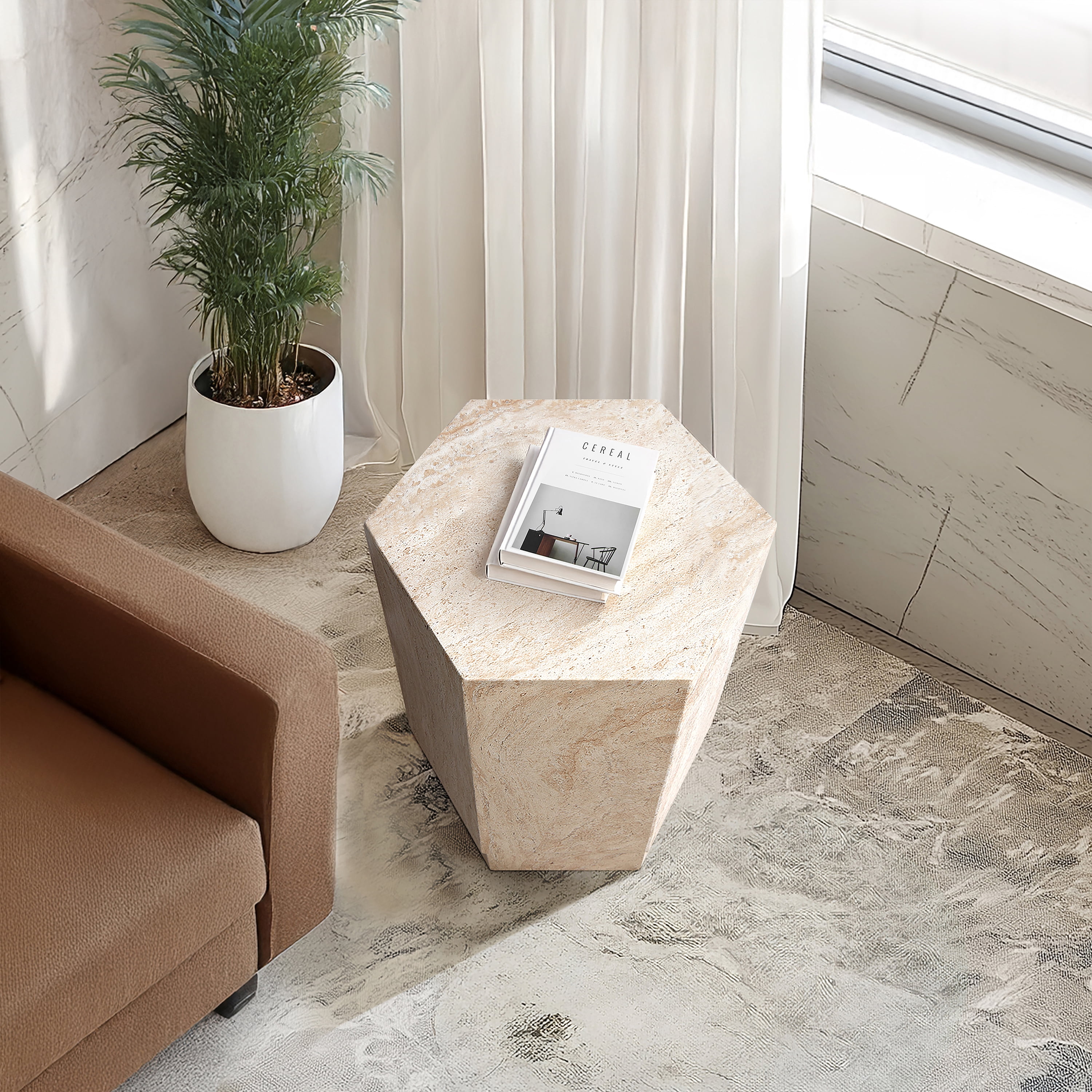 Hexagonal Travertine Stone Finish Italian Design MgO Side Accent Table