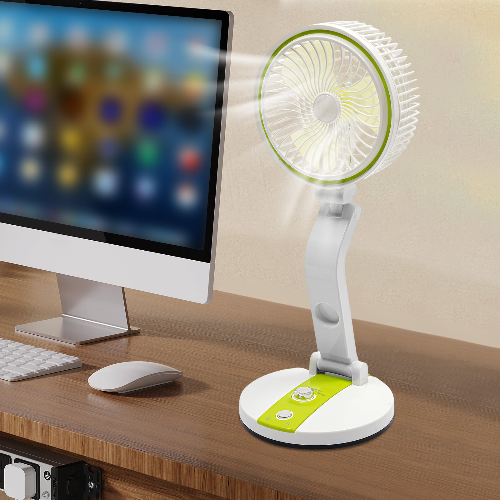 Portable Rechargeable Folding Fan with Light 3 Speed & LED Desk Lamp for Outdoor Camping, Travel
