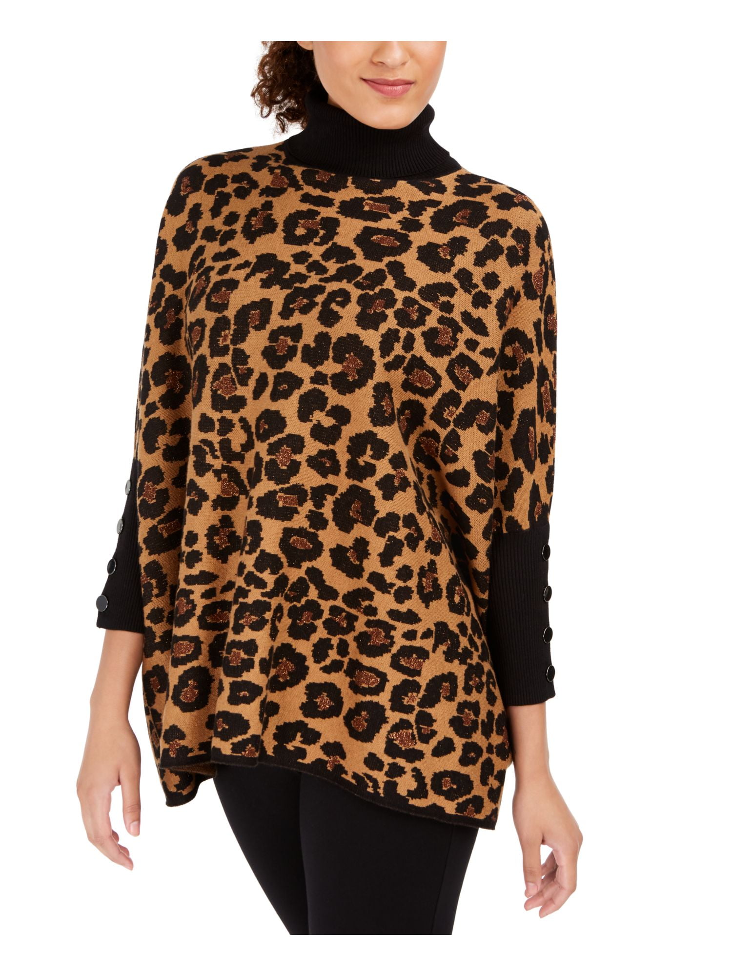 Anne Klein Womens Metallic Animal Print Mock Turtleneck Sweater