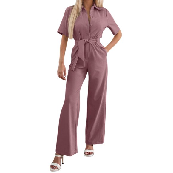 Jumpsuit Women's Elegant Long Short Sleeve Plain Jumpsuit Festive Summer Casual Playsuit Romper with Belt - Polyester, Perfect for Wedding and Parties