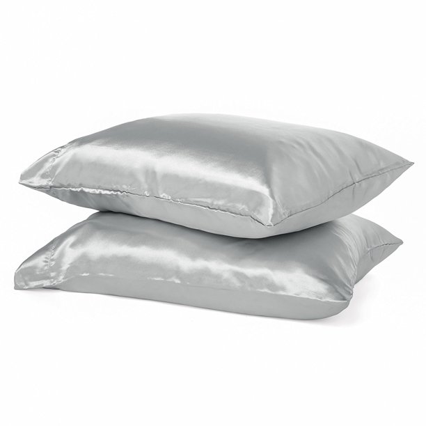 2Pack Silky Soft Satin Pillow Cases with Hidden Zipper (Standard, Silver)