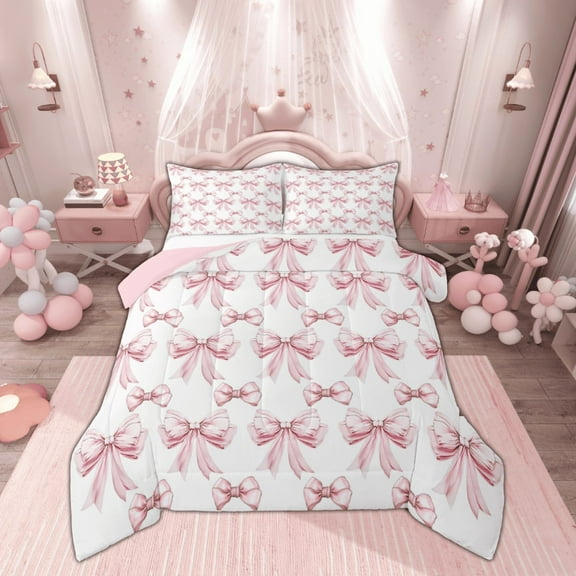 Manfei Princess Ribbon Child Bedding Comforter Set, White Pink Cartoon Twin Comforter Sets, Kawaii Bowknot Bow Reversible Bedding Set, Microfiber Bedroom Decor, 2 Pieces