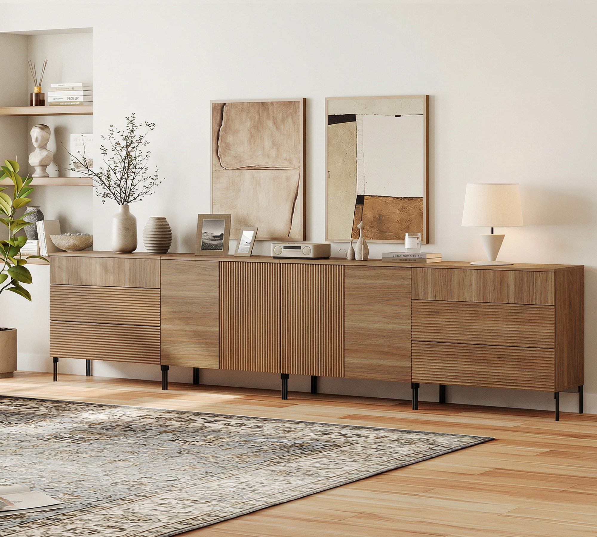 94.5" Reeded Accent Cabinet Set with Doors and Adjustable Shelves, Modern Credenza Storage Cabinet with Charging Station for Living Room, Kitchen, Dining Room, Hallway