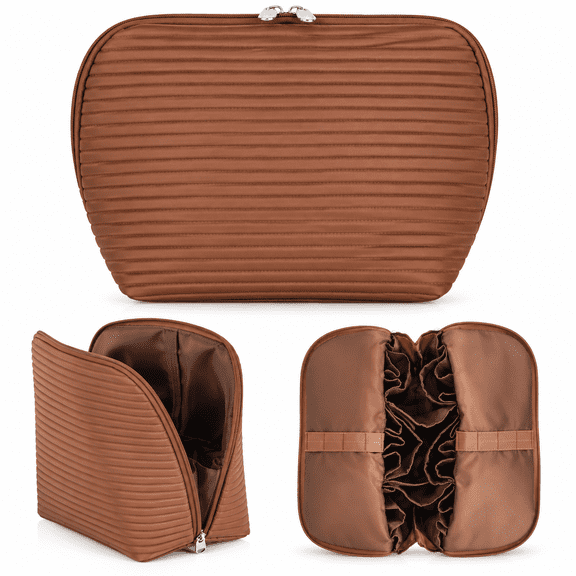 Travel Makeup Bag for Women, Waterproof Stand Up Cosmetic Bag with Brush Holders, Organizer Bag with Compartments, Fold-Down Design for Skincare, Toiletries & Essentials (Brown, Medium)