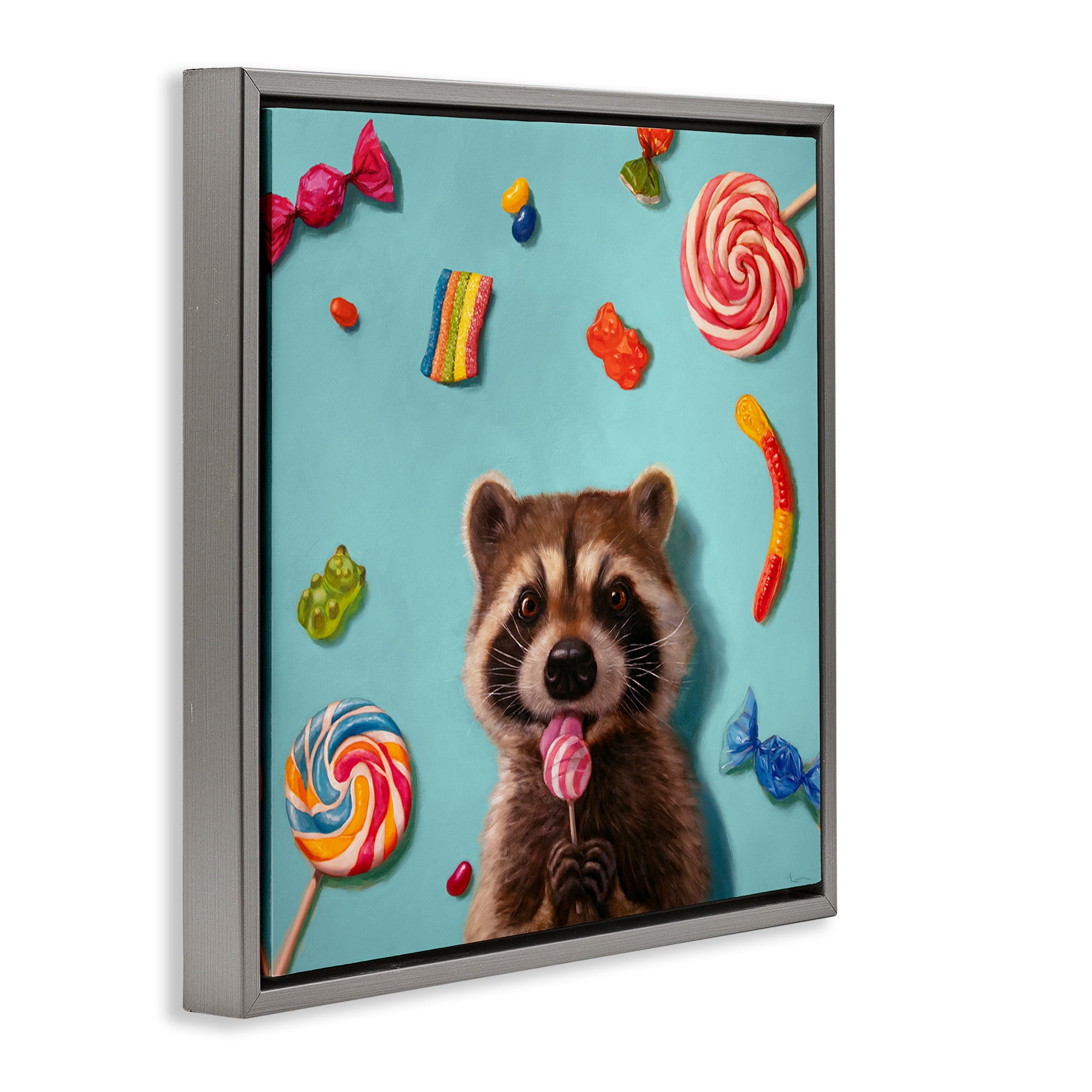 Stupell Industries Raccoon & Sweets Candies Food & Beverage Painting Gray Floater Framed Canvas Art Print Wall Art, 18 x 18