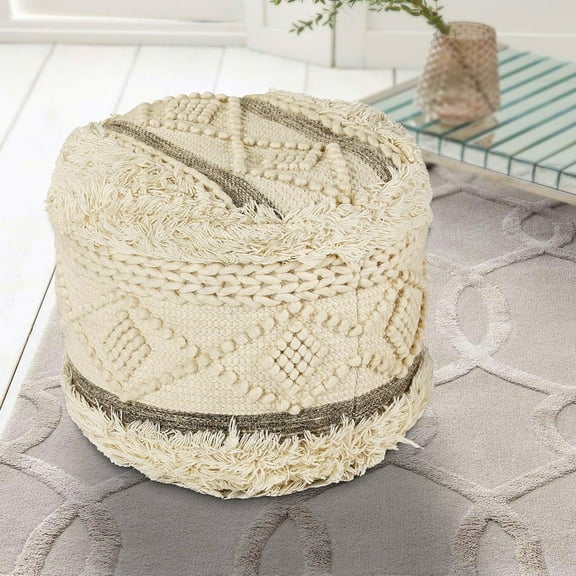 LR Home Small Over-tufted Geometric Indoor Round Pouf, Cream/Gray, 18" x 18" x 14"