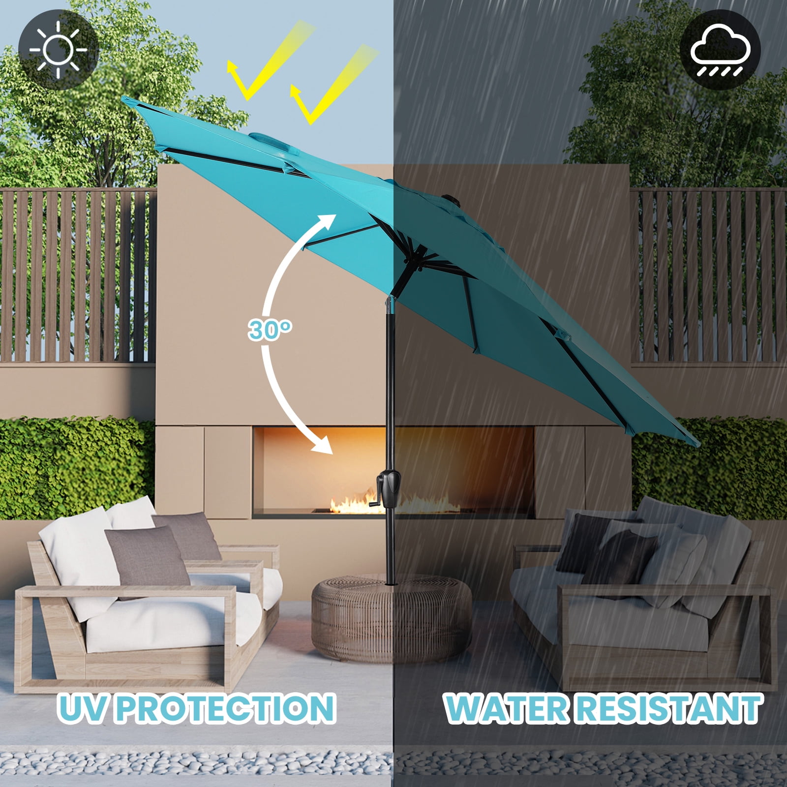 Sun-Ray 9 FT Patio Umbrella w/ Push Button Tilt and Crank Outdoor Umbrella, 8 Sturdy Ribs, UV Protection, Solution-Dyed Fabric, Aqua