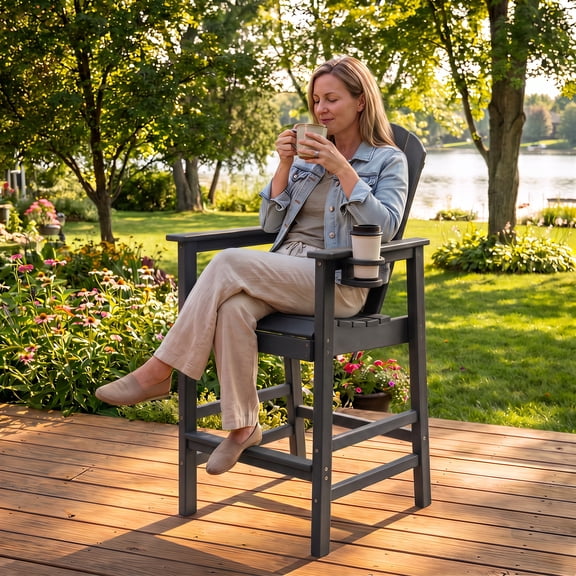 Peispie Bar Height Adirondack Chair with Cup Holder Set of 1, All-Weather HDPE Tall Outdoor Patio Bar Stool with Armrests and Footrest for Deck Poolside, 350 LBS, Black