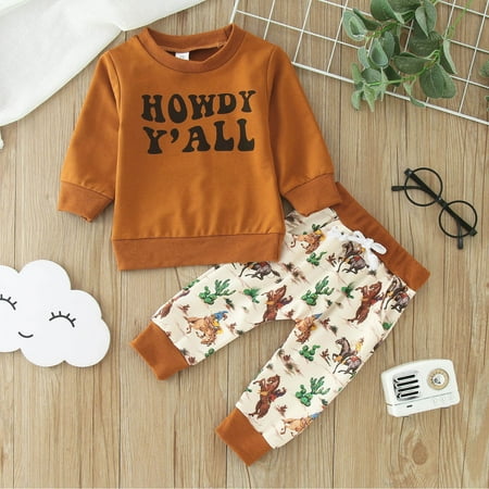 

Hbdhejl Outfit Set For Boys Girls Toddler Long Sleeve Cartoon Prints T Shirt Pullover Tops Pants Outfits Khaki 18-24 Months