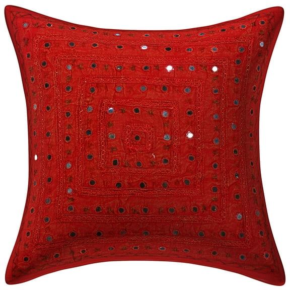 Stylo Culture Indian Decorative Throw Pillow Cover Boho Embroidered 16 x 16 Mirrored Red Bohemian 40 x 40 cm Lounge Decor Cotton Geometric Square Cushion Cover | 1 Pc