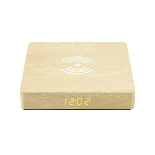 10W Wireless Desktop Wooden Charging Board Phone Charger Adapter Electric Clock-Yellow