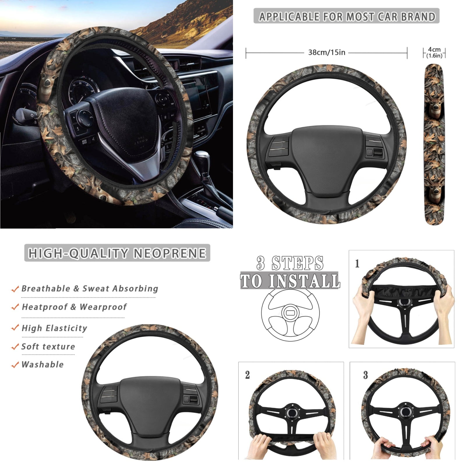 Yuyamidu Deer Front Rear Car Seat Covers Full Set Camo Hunting Steering Wheel Cover Seat Belt Pads Coasters Waste Bin Armrest Cover Cup Holders Rearview Mirror Cover Handbrake Cover Set, 14 Pack