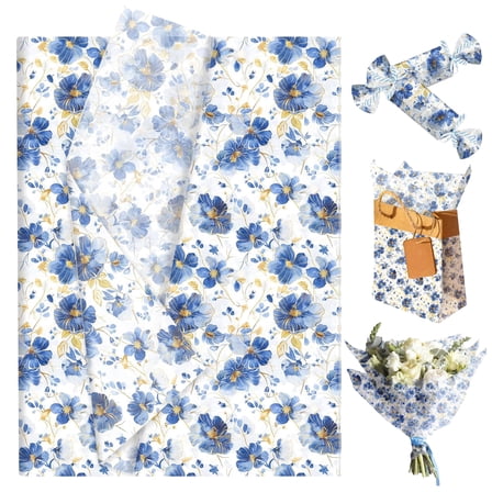 Blue Rose Tissue Paper - Elegant Blue & Gold Floral Print for Party Decor & Gift Wrapping