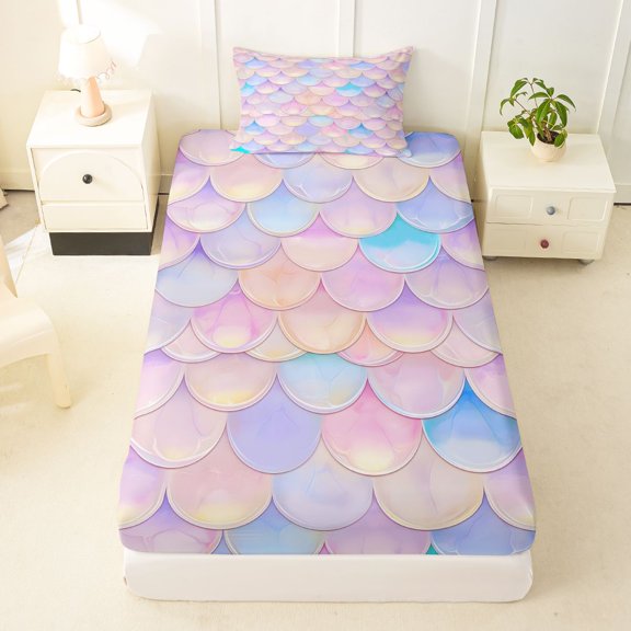Manfei Cute Mermaid Tail Twin Fitted Sheet, Dreamy Fish Scale Bedding, Pink Blue, 2 Pieces, 1 Fitted Sheet and 1 Pillowcase