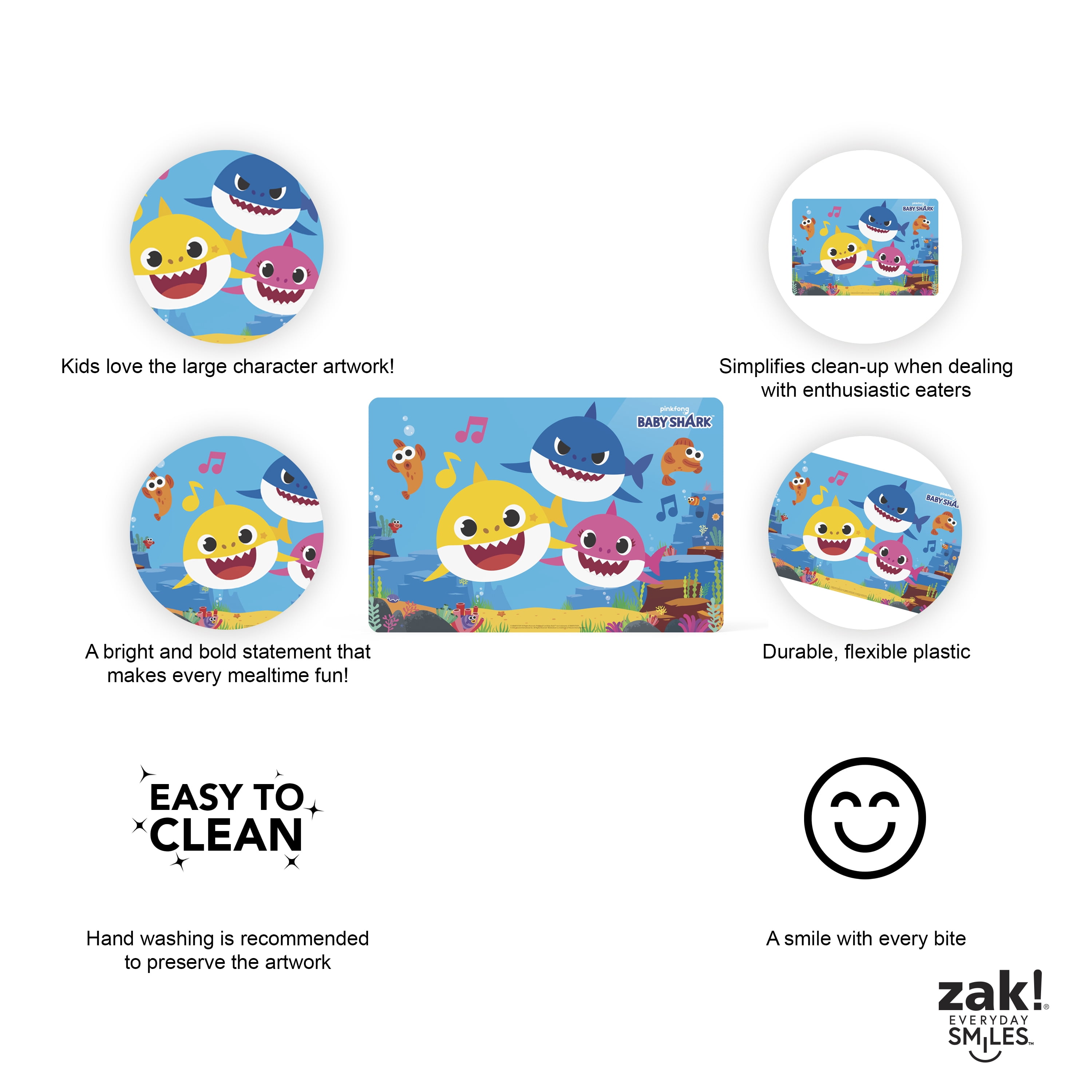 Zak Designs Pinkfong Reusable BPA Free Kids Plastic Placemat, Baby Shark