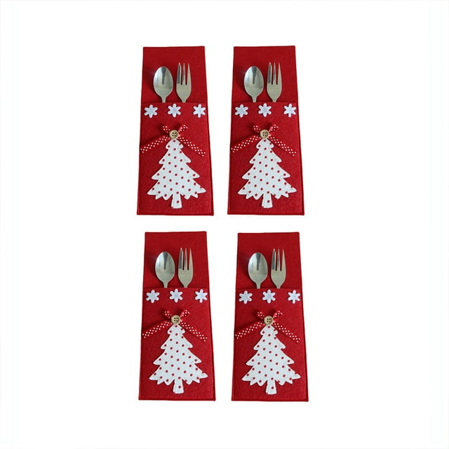 4 Pieces/Set Christmas Tree Dinnerware Tableware Fork Holder Bag Cutlery Storage Pouch Decoration Organizer Fork Spoon Festival Party Red