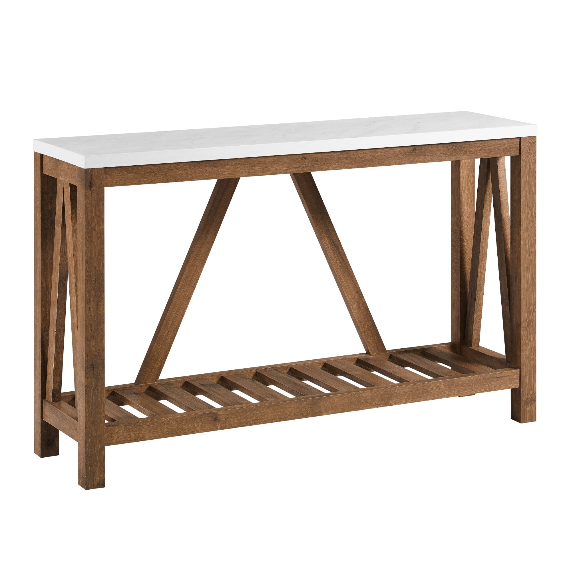 Walker Edison Modern Farmhouse Faux Marble and Walnut Entryway Table, Faux White Marble/Walnut