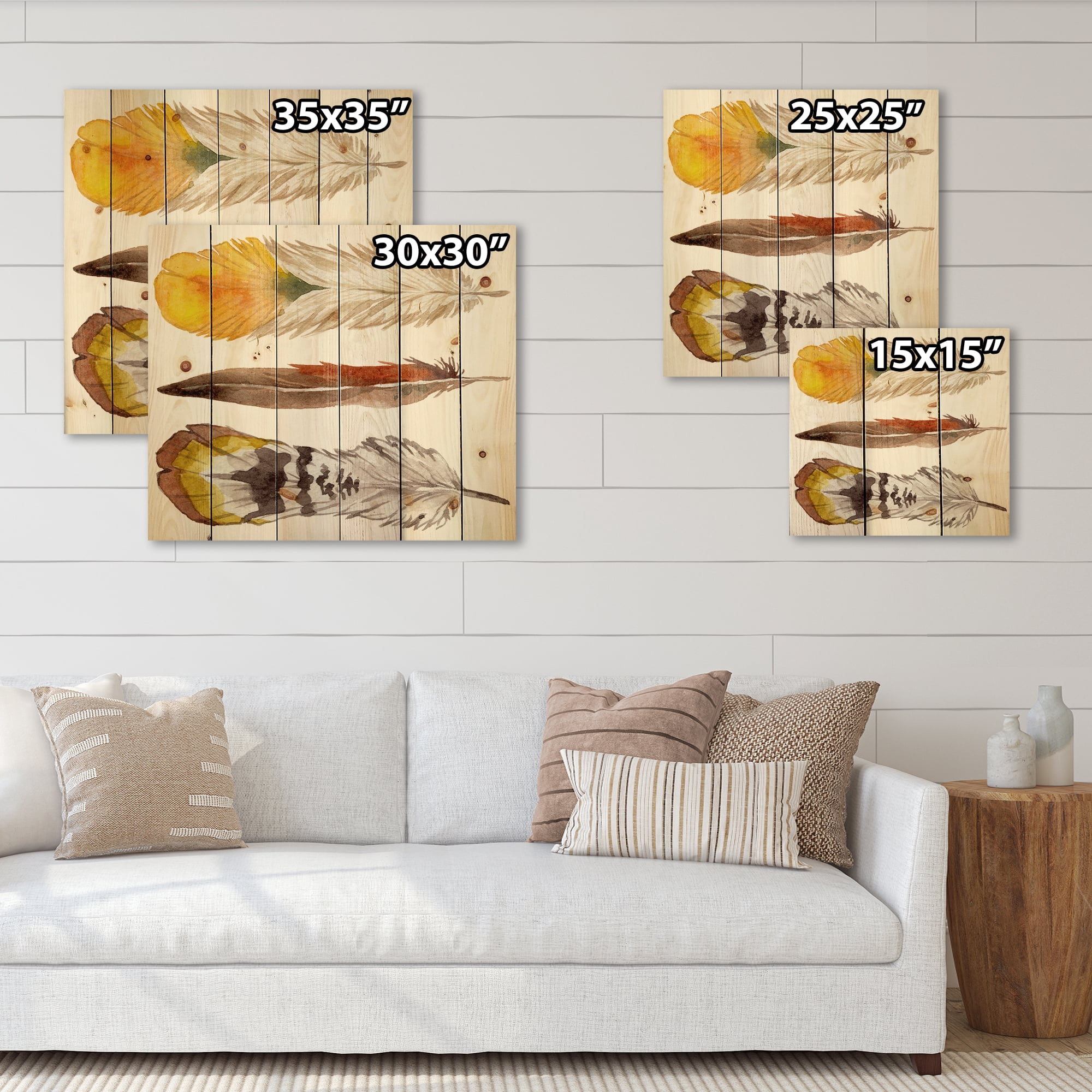 Designart 'Ethnic Yellow Feather From Wing On White' Bohemian & Eclectic Print on Natural Pine Wood
