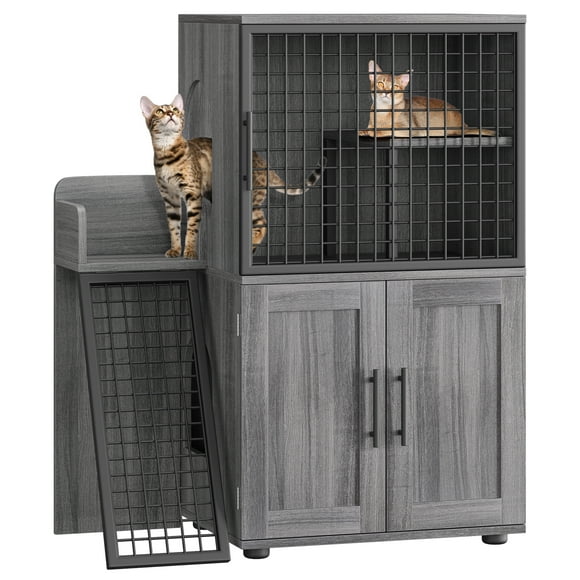 Ourlova Double Layer Cat Litter Box Enclosure with Platform, Hidden Cat Furniture with Ladder, Wax Wood Cat Villa