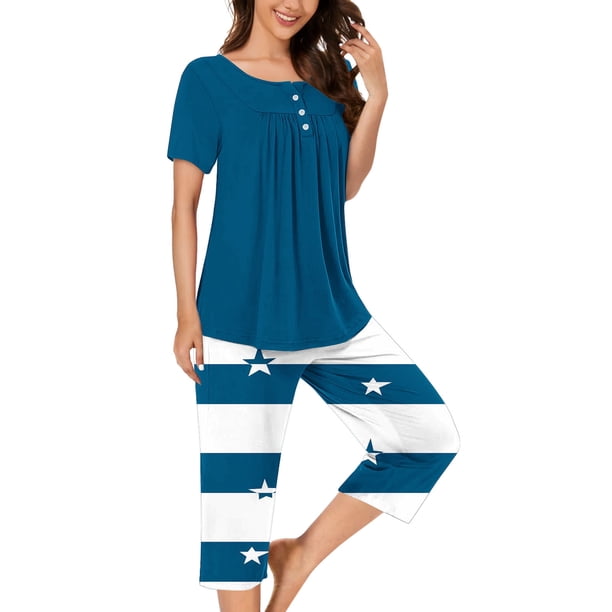 Sexy Pijama Conjunto para las Mujeres, Cuello Redondo Blusa de Manga Corta Y Pantalones, Traje de Moda Casual