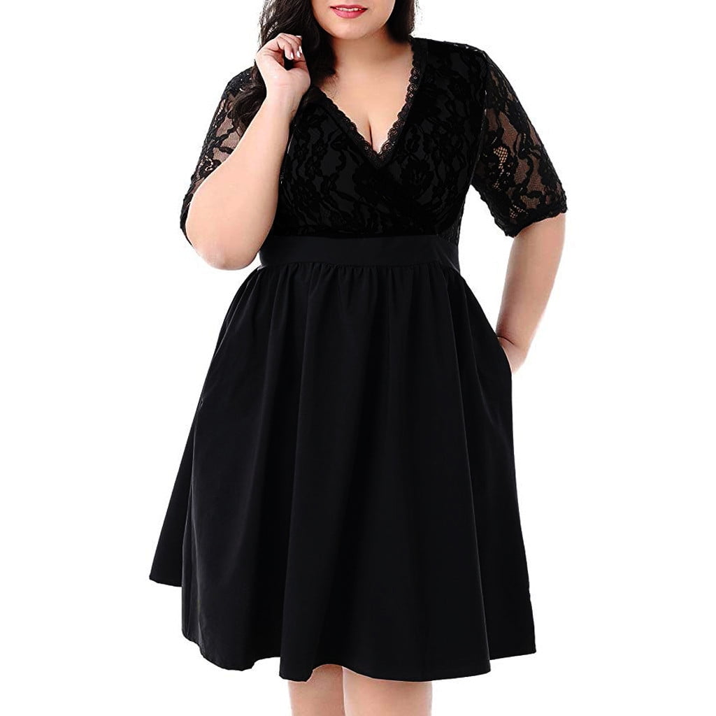 Women Plus Size Sexy Lace Splieced Cross Wrap V Neck Short Sleeve One Piece Dress Walmart Com