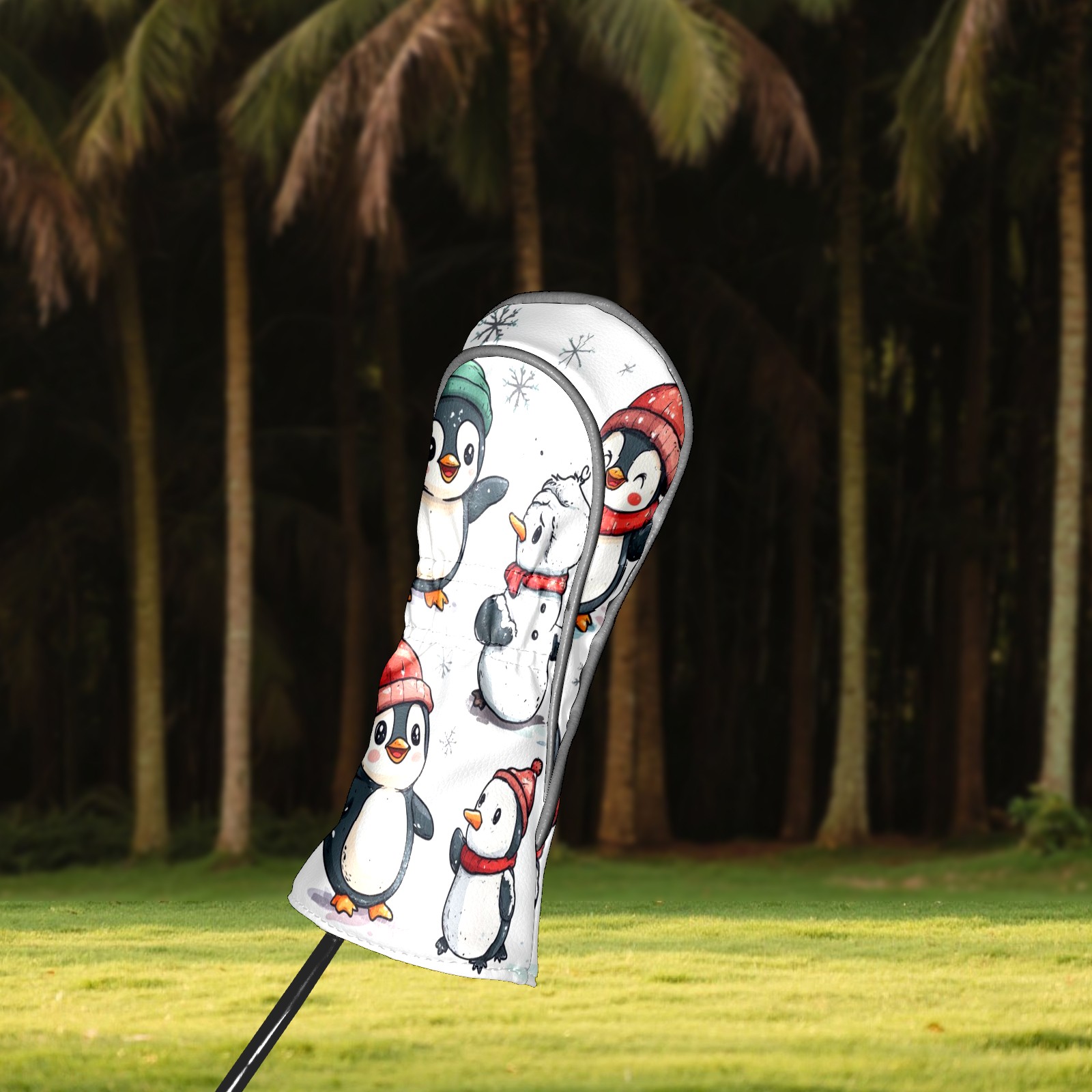 Golf Head Covers Winter Penguins Design for Driver, Wood & Hybrid, Premium Waterproof PU Leather with Plush Lining, Festive Winter Golf Gifts