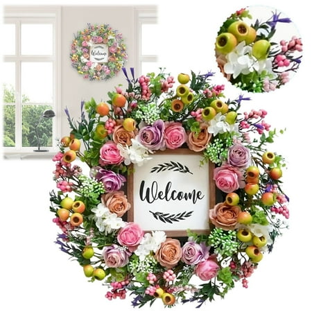 18 Inch Spring Summer Wreath for Front Door – Tulip Berries & Boxwood Welcome Wreath with Cattails All-Season Farmhouse Decor for Porch Window Wall & Home Greenery