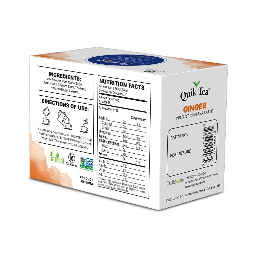 QuikTea Instant Ginger Chai Tea Latte – 20 Count, Zesty Natural Ginger Flavor, low Caffeine, No artificial colors, flavors or preservatives – Just Add Hot Water, Kosher, non-GMO, gluten free