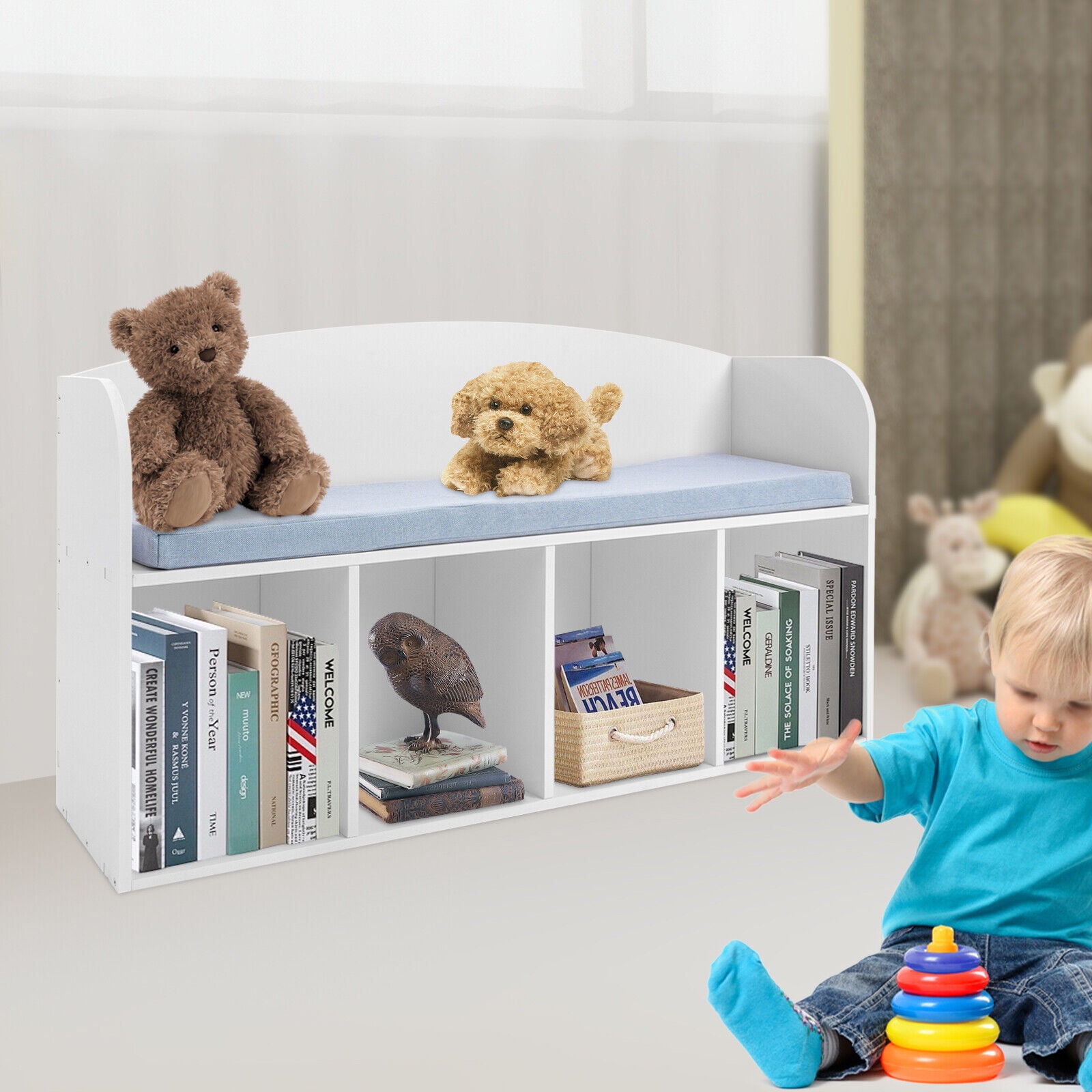 Bookshelf with Reading Nook,4-Cube Storage with Book Rack Soft Cushion Floor Standing Book Organizer Storage Organizer for Bedroom （White）