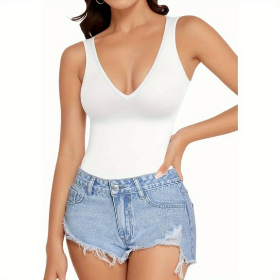 Women's Slim Fit Top, Shaping Tummy-Control Sleeveless Bodysuit, Sexy Deep V-Neck Backless Basic Thong Shapewear, Outdoor Wear