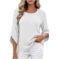 thumbnail image 2 of Yteetum 3/4 Length Sleeve Summer Tops for Women Oversized 3/4 Sleeve Crewneck Cotton Linen Shirts Casual Solid Round Neck Loose Lightweight Comfy Half Sleeve T Shirts, 2 of 7