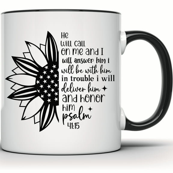 Sunflower Mug with American Flag and Psalm 41:15 Verse | He Will Call On Me | Religious Christian Inspirational Gift - 11 Ounce Black Rim Handle Novelty Coffee Cup - WMUG1590-BLK