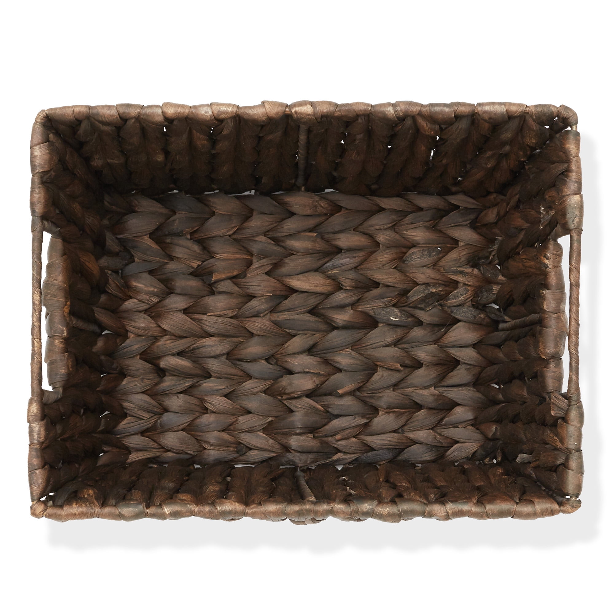 Casafield Set of 4 Water Hyacinth Storage Baskets with Handles - Espresso Brown, 12" x 9" x 6" Rectangular Storage Shelf Bins, Blankets, Laundry