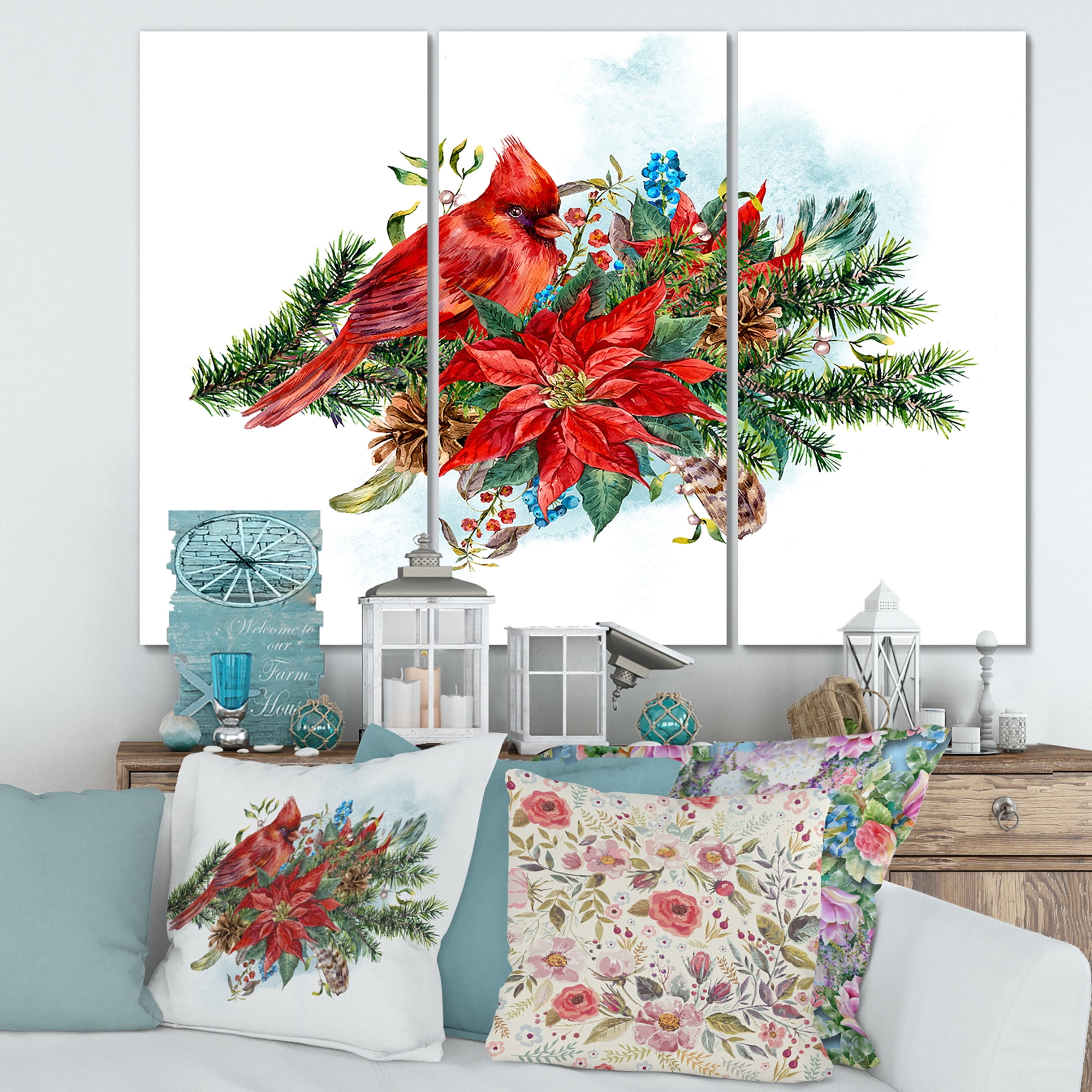 Designart ' Christmas Red Cardinal Bird and Poinsettia ' Traditional Canvas Wall Art Print
