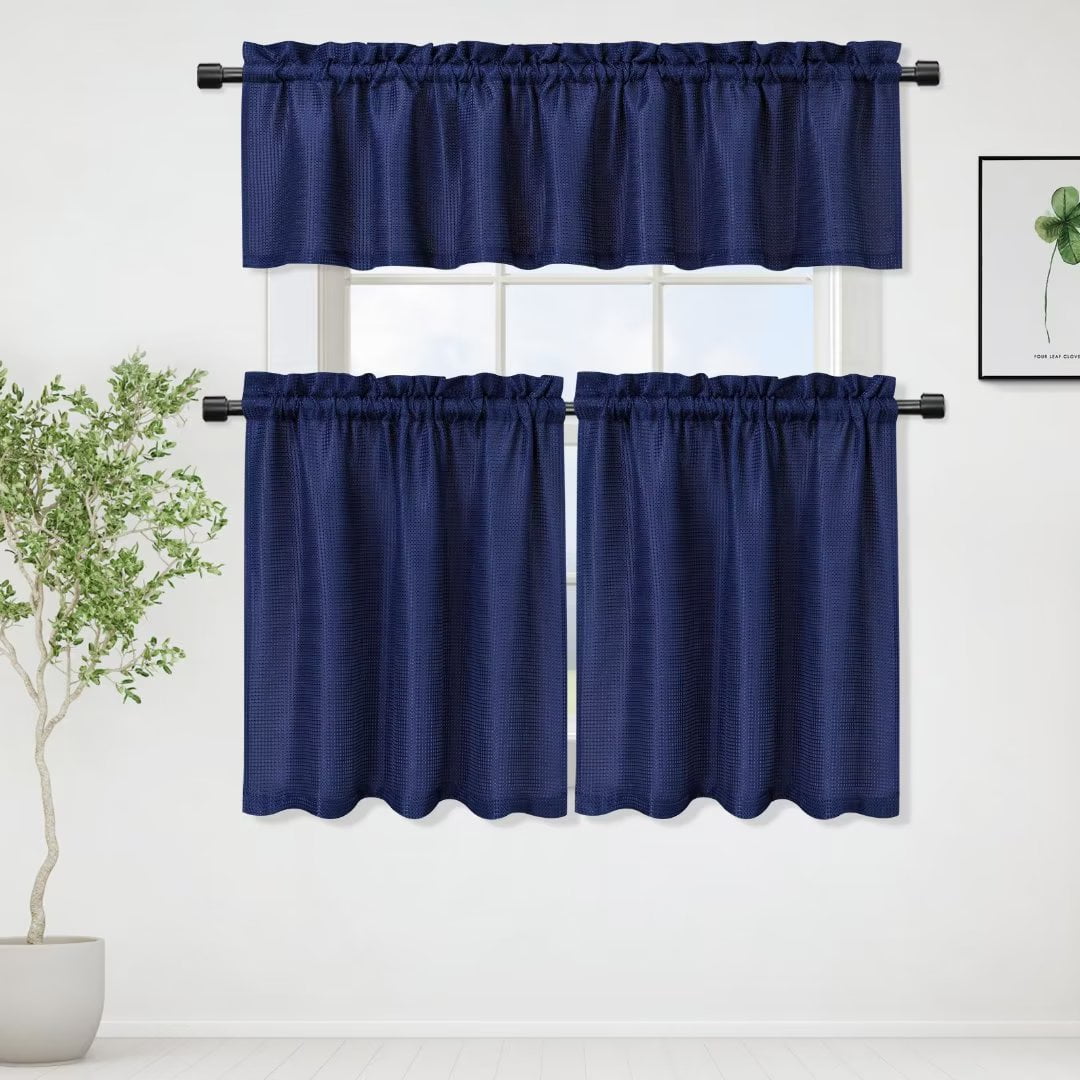 Haperlare Navy Blue Kitchen Curtain Set 3 Pcs 24 inch long Waffle Woven