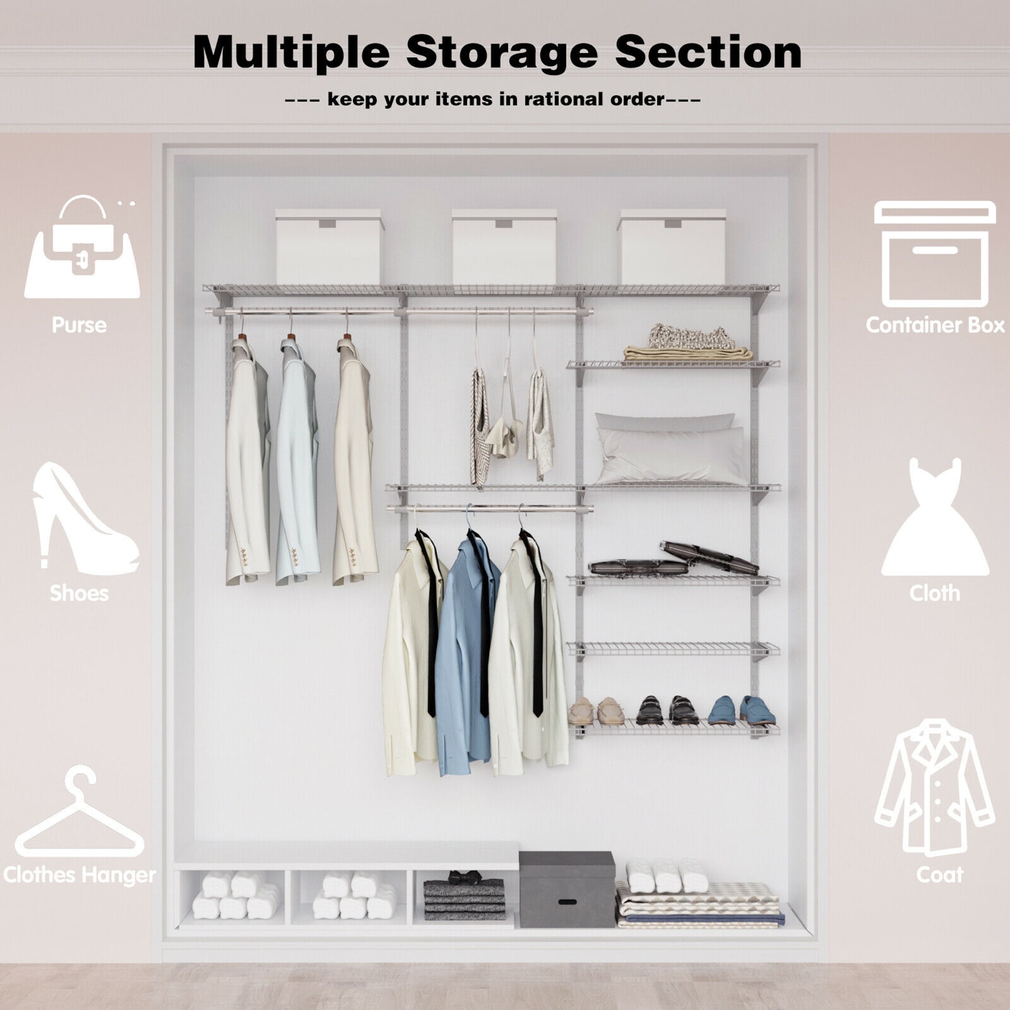 Walk in Closet Organizer System Kit Metal Closet System with Expandable  Hanging Rod Custom Adjustable Closet Shelves for Bedroom, 6 to 8.4 FT  Storage