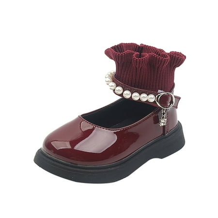 

Honeeladyy Toddler Kid Shoes Toddler Shoes Baby Girls Knitted Elastic Mouth Fashion Pearl Non-slip Small Leather Shoes Princess Shoes Wine Discount
