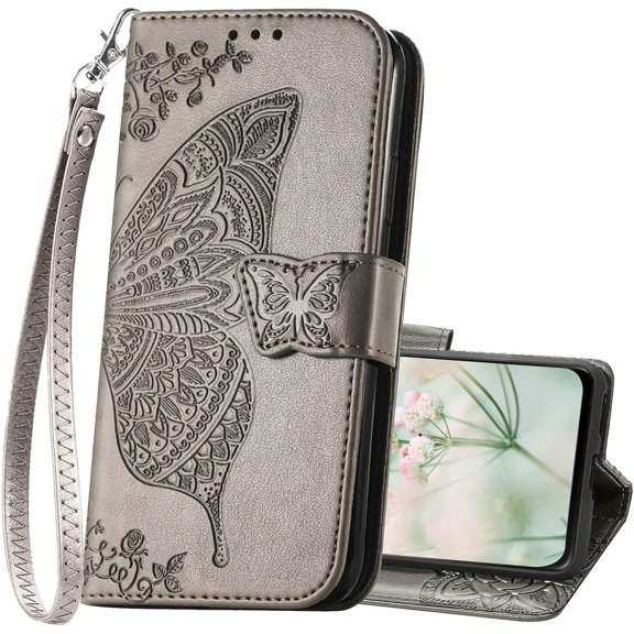 Designed for Motorola Moto G Stylus 5G 2023 Case Wallet,Women Flip Folio Cover with Butterfly Emboss PU Leather Stand Card Slots Wrist Strap Protective Phone Case for Moto G Stylus 5G 2023 (Gray)