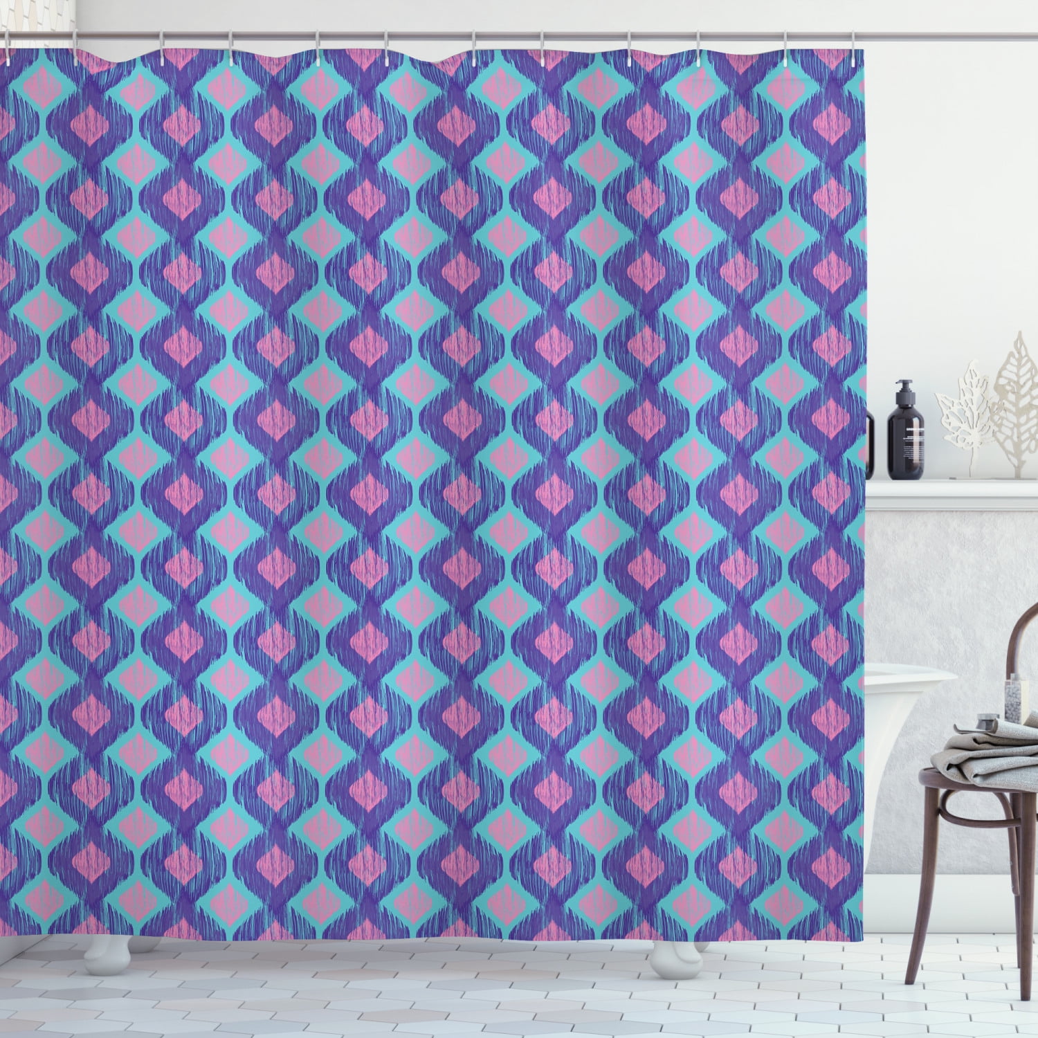 Ambesonne Ikat Shower Curtain, Tribal Abstract Ogee Shapes, 69"Wx75"L