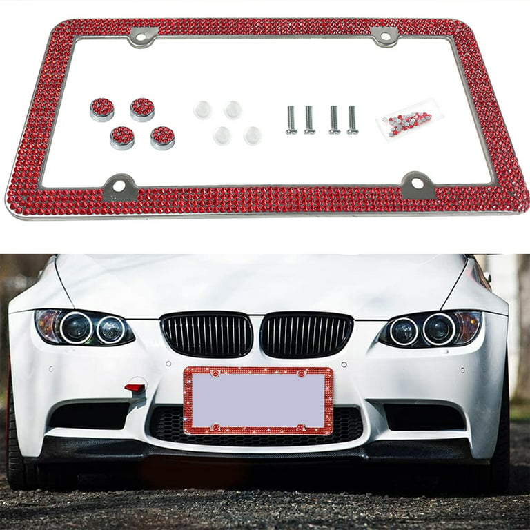 Riloer Red Bling Rhinestone License Plate Frame, 4 Holes Plate