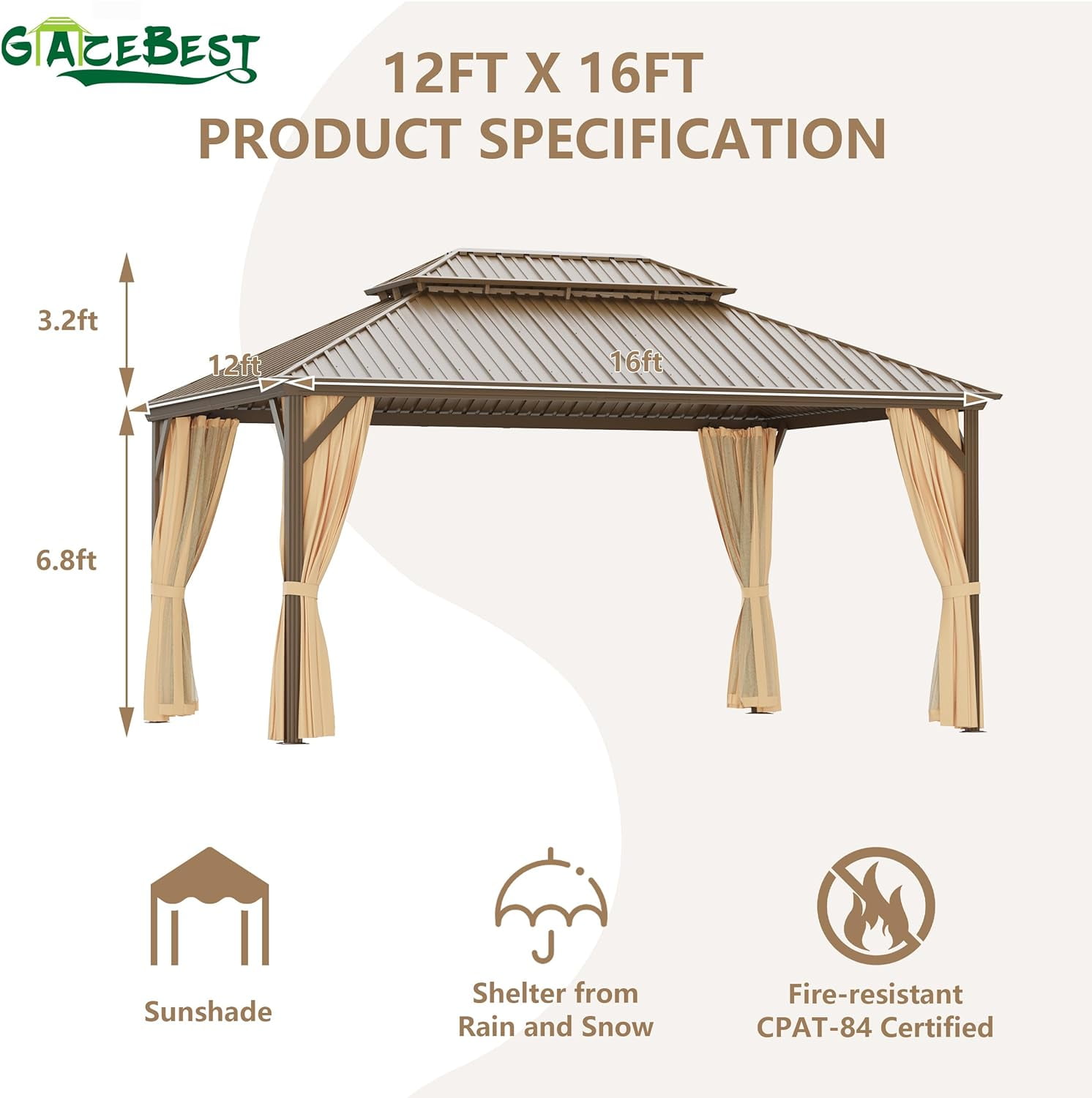 GAZEBETER 12' x 16' Hardtop Gazebo, Brown, Double Roof, Galvanized Steel, Netting & Curtains