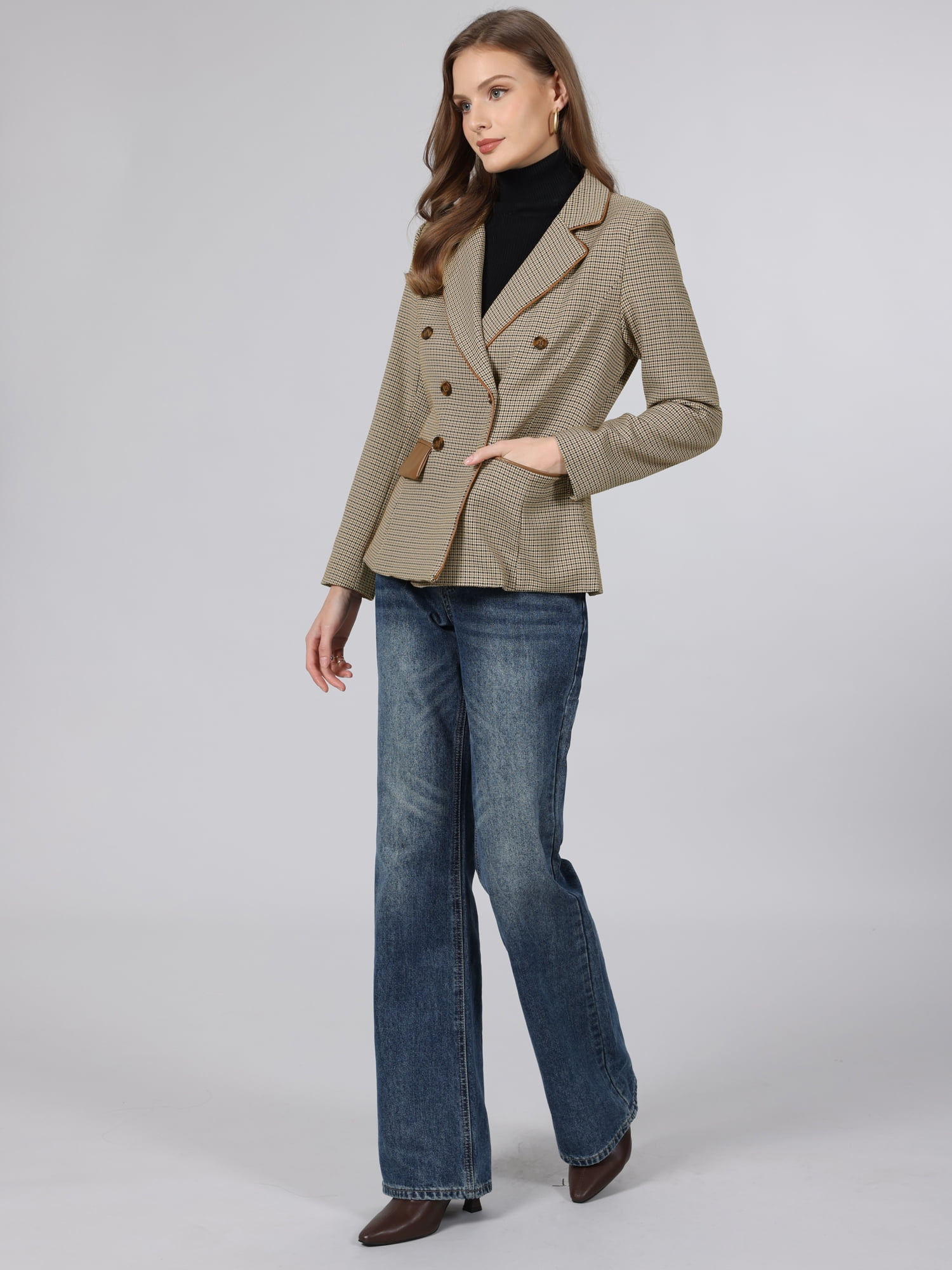 DARING DIVA Women's Plaid Blazer Houndstooth Double Breasted Jacket 2XL Light Brown