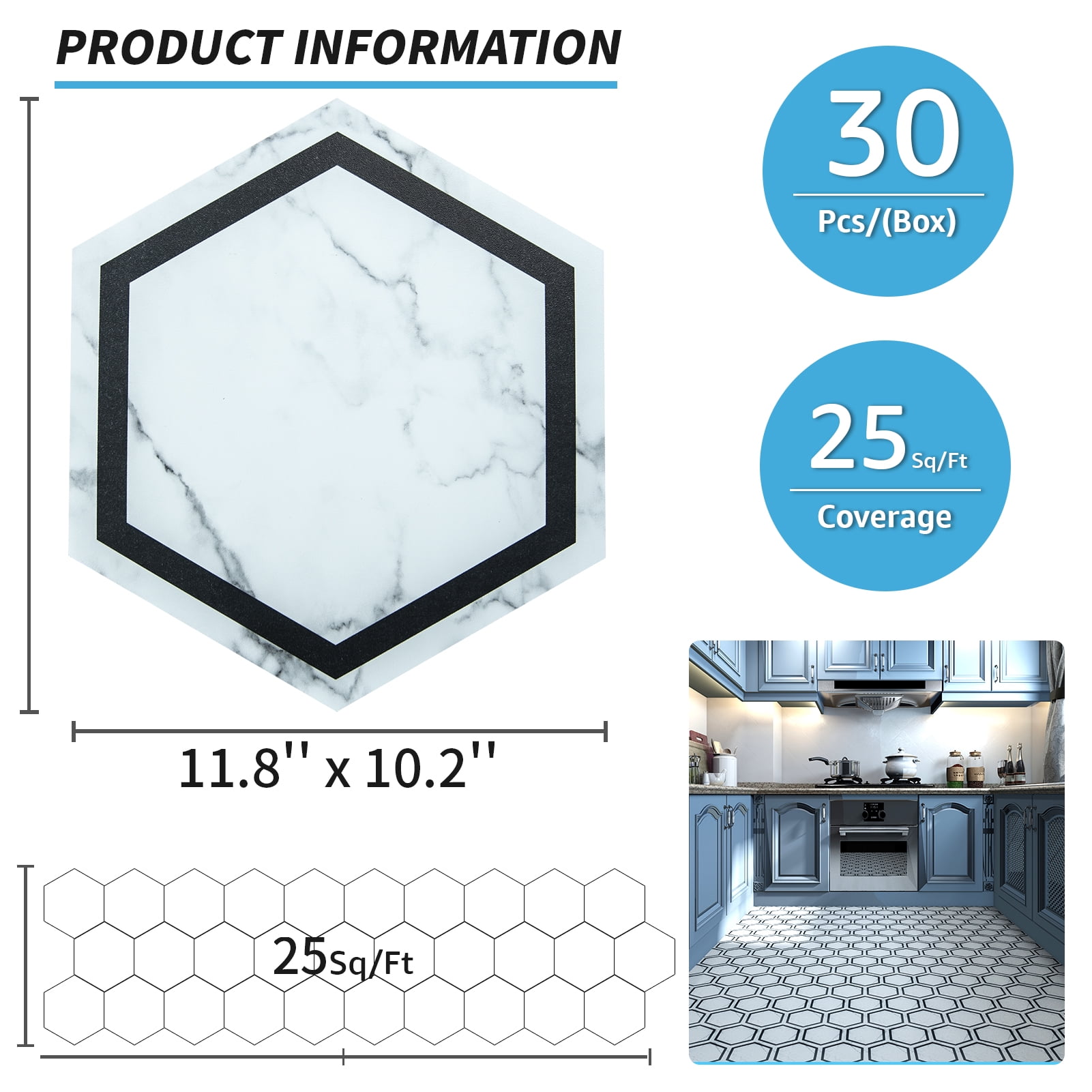 Art3d 30-Pack 11.8" x 10.2" White Marble Hexagon Peel and Stick Flooring Tile, Self Adhesive Waterproof Vinyl Floor Tile