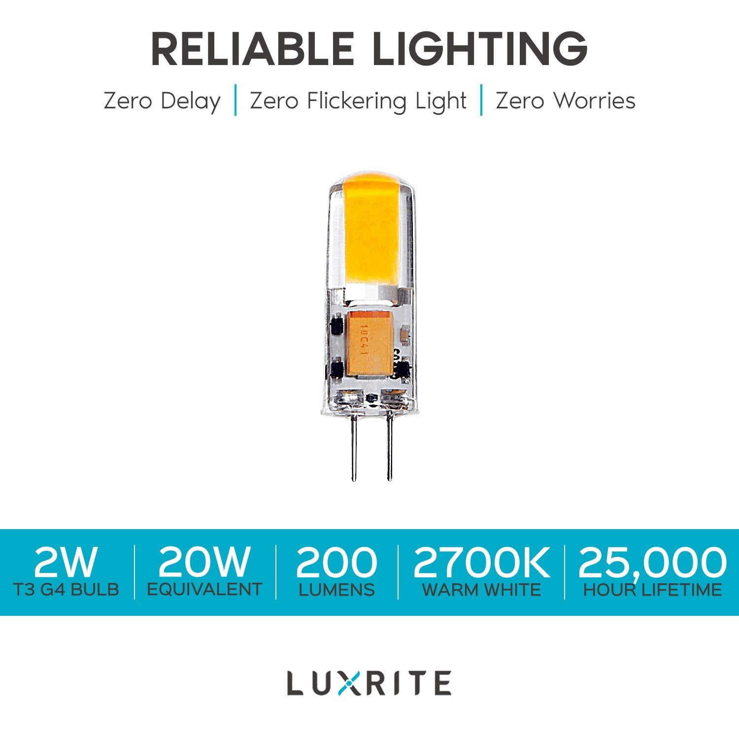 Luxrite G4 LED Bulb, 12V AC/DC, 20W Halogen, 200 Lumens, 2700K Warm White, Non-Dimmable, Silicone Shatterproof 5-Pack
